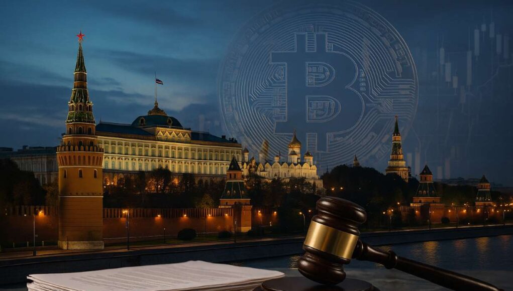 Photo-realistic illustration of the Kremlin at dusk with a Bitcoin symbol and legal gavel in the foreground, illustrating Russia’s evolving crypto policy and regulatory shift.
