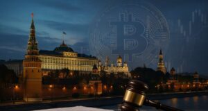 From Resistance to Regulation: How Russia’s Crypto Policy Transformed Photo-realistic illustration of the Kremlin at dusk with a Bitcoin symbol and legal gavel in the foreground, illustrating Russia’s evolving crypto policy and regulatory shift.