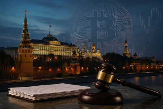 Photo-realistic illustration of the Kremlin at dusk with a Bitcoin symbol and legal gavel in the foreground, illustrating Russia’s evolving crypto policy and regulatory shift.