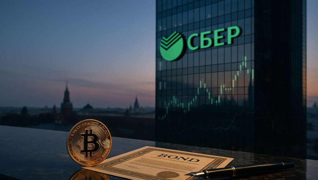 Photo-realistic illustration of a Bitcoin coin, bond certificate, and fountain pen on a marble desk at sunset, with Sberbank’s glass tower reflecting financial charts and the Kremlin in the background—symbolizing institutional crypto adoption in Russia.