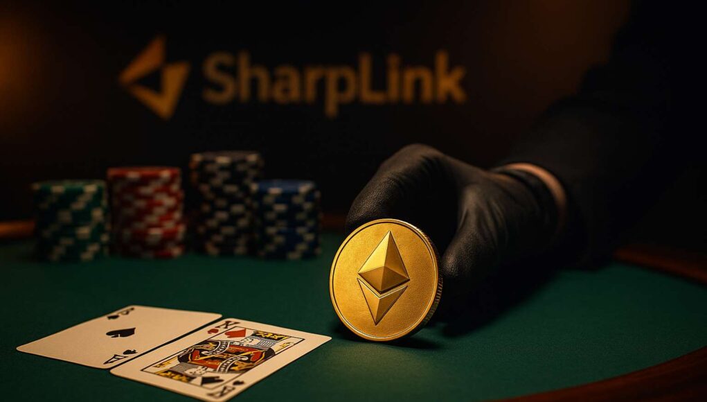 A gold Ethereum coin is pushed forward on a green poker table by a gloved hand, flanked by playing cards and stacked chips, with the SharpLink logo subtly visible in the background; symbolizing SharpLink’s $1B Ethereum treasury move.