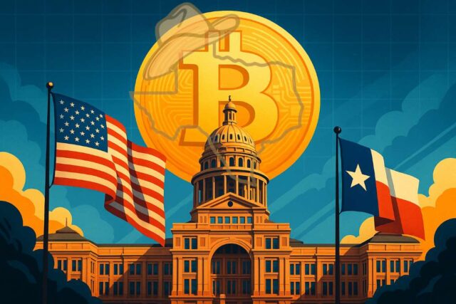 Illustration of the Texas State Capitol with a large golden Bitcoin symbol rising behind it, flanked by waving U.S. and Texas flags, symbolizing the launch of Texas’s $10M public Bitcoin reserve.