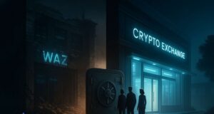 WazirX’s Rebrand to Zensui Raises Eyebrows as User Access Remains Frozen Digital illustration symbolizing the WazirX rebrand to Zensui, showing a split scene with a crumbling exchange on one side and a modern crypto exchange on the other. Three silhouetted users stand in front of a locked vault door, representing frozen accounts amid legal delays.