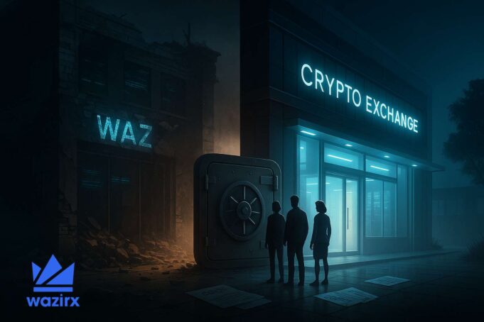 Digital illustration symbolizing the WazirX rebrand to Zensui, showing a split scene with a crumbling exchange on one side and a modern crypto exchange on the other. Three silhouetted users stand in front of a locked vault door, representing frozen accounts amid legal delays.