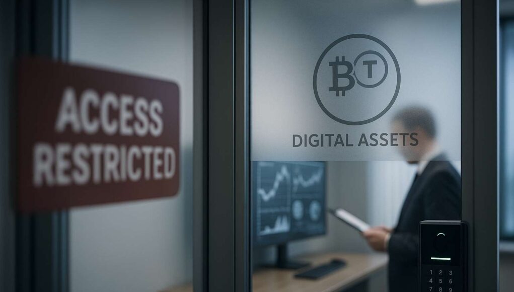 Photo-realistic illustration of a secure financial office in Moscow with a frosted-glass door marked by a digital asset icon and a biometric scanner, symbolizing restricted access to crypto trading in Russia.