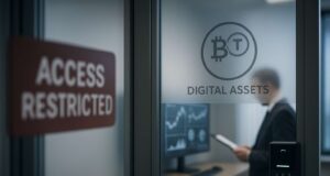 Crypto Trading in Russia: What’s Legal, What’s Not Photo-realistic illustration of a secure financial office in Moscow with a frosted-glass door marked by a digital asset icon and a biometric scanner, symbolizing restricted access to crypto trading in Russia.