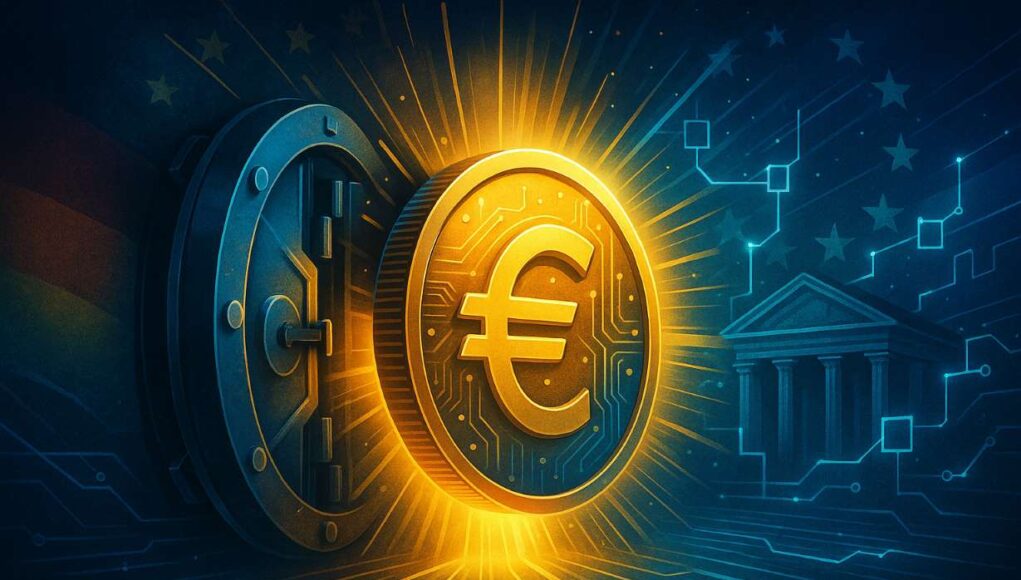 Glowing euro coin emerging from a high-tech vault, symbolizing BaFin-approved MiCA-compliant stablecoin by AllUnity, backed by Deutsche Bank.