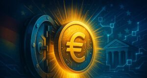 Deutsche Bank-Backed Venture to Launch Germany’s First Regulated Euro Stablecoin Glowing euro coin emerging from a high-tech vault, symbolizing BaFin-approved MiCA-compliant stablecoin by AllUnity, backed by Deutsche Bank.