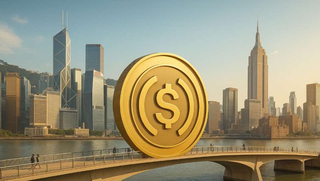 A photo-realistic bridge linking Hong Kong and New York, with a large USDC coin at the center, symbolizing the Ant Group USDC partnership and cross-border integration.