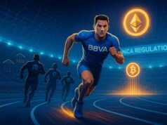 BBVA Rolls Out Crypto Services Nationwide and Advises Clients to Allocate Bitcoin and Ether BBVA leads a futuristic crypto race on a digital track, sprinting ahead of trailing competitors toward glowing Bitcoin and Ethereum symbols under a MiCA regulation banner in a blockchain-lit stadium.