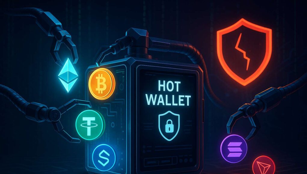 Digital illustration of a hot wallet under cyber attack, featuring robotic arms extracting cryptocurrency symbols including Bitcoin, Ethereum, Tether, Solana, and Tron, with a cracked red security shield icon signaling a breach in a futuristic, high-tech environment.