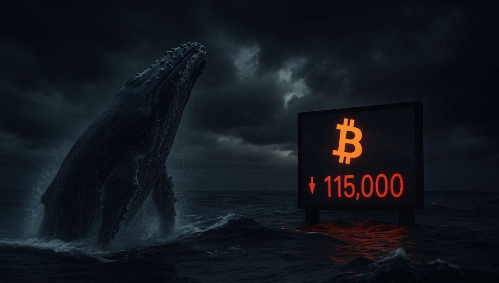Photo-realistic image of a large whale breaching in a stormy ocean beside a digital Bitcoin price display showing $115,000, symbolizing a crypto whale sell-off.