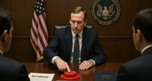 SEC Flip-Flop on Bitwise Crypto ETF Sparks Market Confusion and Legal Scrutiny U.S. government official pressing a red pause button labeled “ETF Approval” during SEC meeting, with documents marked “Bitwise,” “Rule 431,” and “Crypto ETFs” on the table.