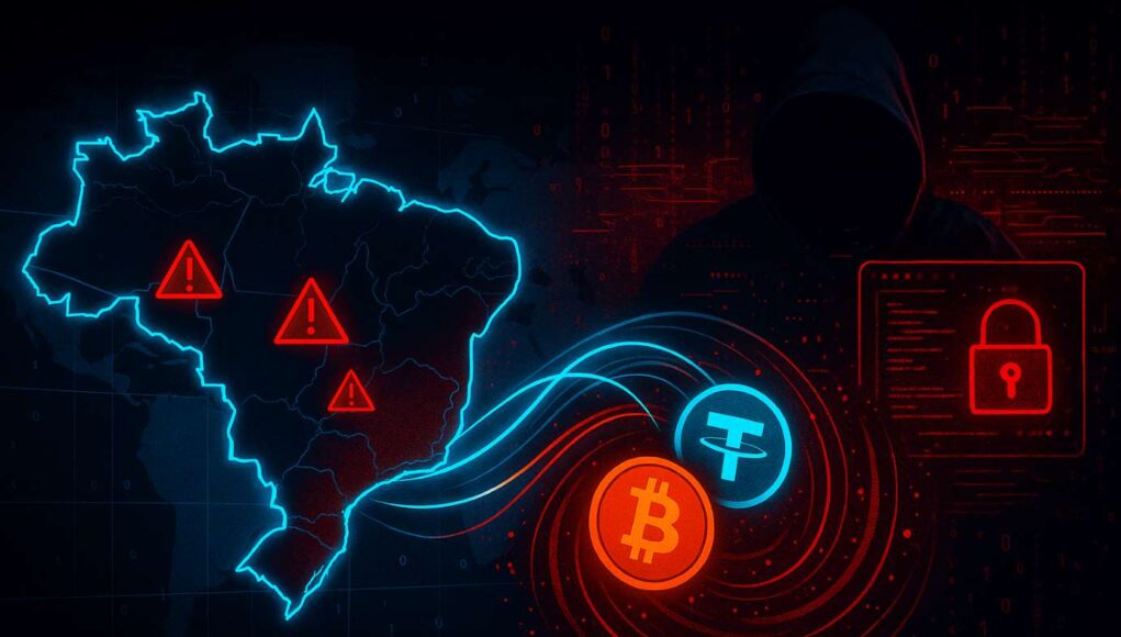 Illustration of a cyberattack on Brazil with Bitcoin and USDT symbols used for laundering, representing the Brazil Central Bank hack.