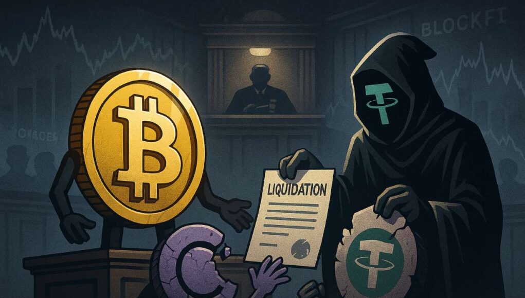 Illustration of the Celsius Tether lawsuit, showing a Bitcoin symbol on a courtroom witness stand as a hooded Tether figure presents a liquidation document. A crumbling Celsius logo reaches toward the Bitcoin, symbolizing the $4.7B dispute over BTC liquidation. Background includes ghosted charts and logos of failed crypto lenders like BlockFi, evoking the broader crypto bankruptcy context.