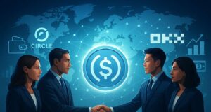 Circle and OKX Join Forces to Expand USDC Access, Zero-Fee Conversions, and Global Liquidity Circle OKX partnership visual showing executives shaking hands in front of a glowing USDC coin with a world map and financial icons, symbolizing zero-fee conversions and global stablecoin access.