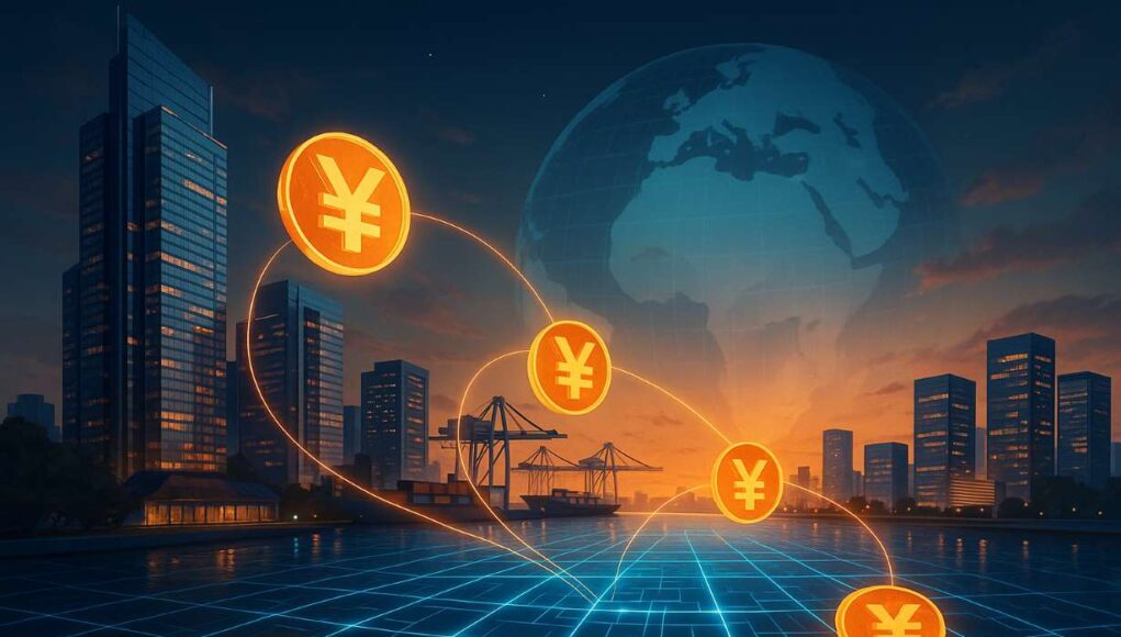 Futuristic digital illustration of offshore Yuan stablecoin concept, showing glowing Yuan currency symbols connected by blockchain lines across a modern Asian city skyline and global trade port at sunset.