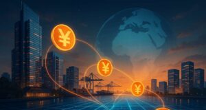 Conflux Taps Offshore Yuan for Global Trade Amid Blockchain 3.0 Upgrade and Rising Chinese Ambitions Futuristic digital illustration of offshore Yuan stablecoin concept, showing glowing Yuan currency symbols connected by blockchain lines across a modern Asian city skyline and global trade port at sunset.
