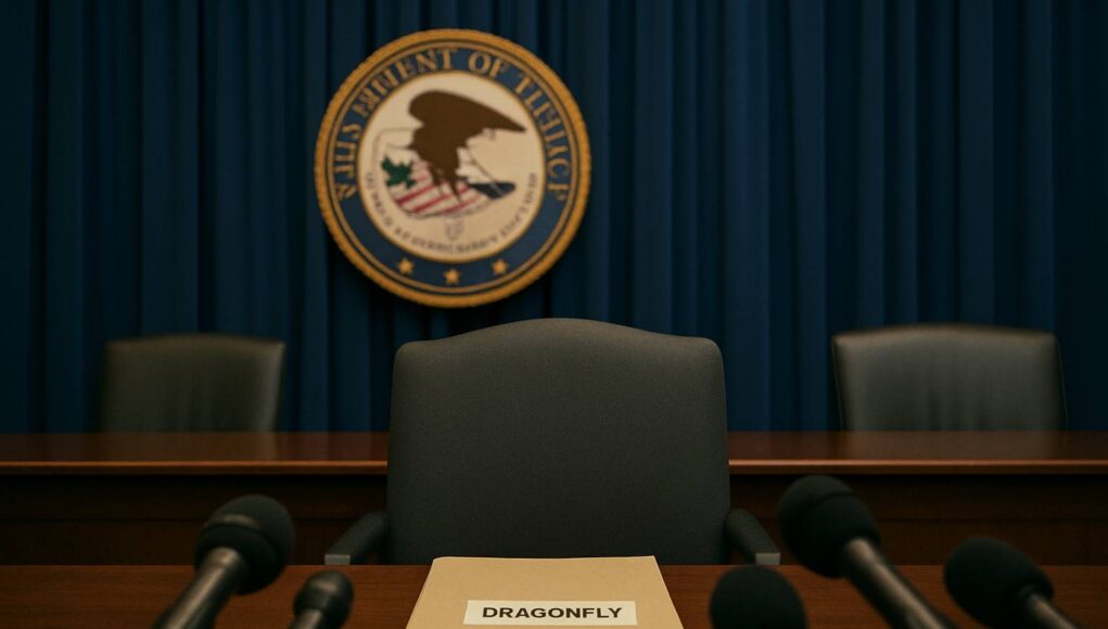 Empty government hearing room with microphones aimed at a vacant chair and a folder labeled "Dragonfly," with the Department of Justice seal blurred in the background, symbolizing media scrutiny during the Dragonfly DOJ investigation.