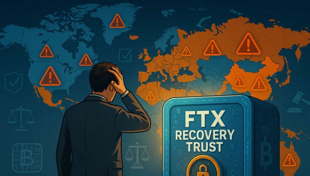 A concerned man stands before a glowing digital vault labeled “FTX Recovery Trust,” with a world map behind him highlighting 49 crypto-restricted jurisdictions like China and Russia in orange, marked by warning icons, symbolizing the $500M FTX creditor payout freeze.