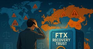 FTX Freezes $500M in Creditor Payouts Across 49 Nations Amid Legal, Regulatory, and Political Turmoil A concerned man stands before a glowing digital vault labeled “FTX Recovery Trust,” with a world map behind him highlighting 49 crypto-restricted jurisdictions like China and Russia in orange, marked by warning icons, symbolizing the $500M FTX creditor payout freeze.
