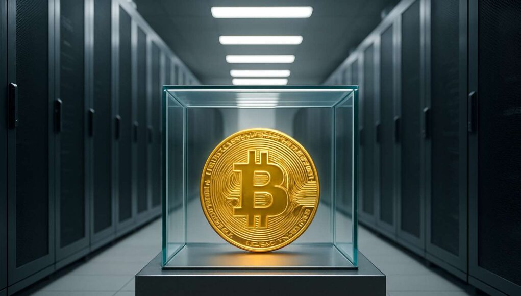 Photorealistic image of a gold Bitcoin encased in glass inside a modern server room, symbolizing secure institutional crypto custody and estate liquidation.