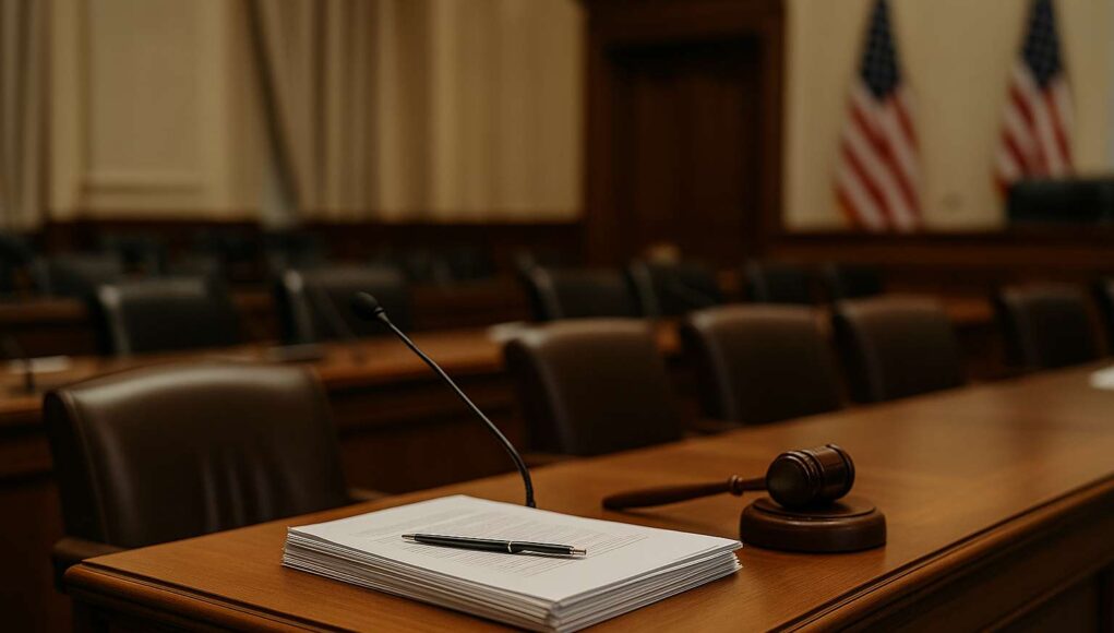 A photo-realistic image of a congressional hearing room with a polished wooden desk in the foreground, featuring a stack of legislative documents and a pen. Rows of empty chairs and blurred American flags are visible in the background, symbolizing U.S. legislative action on stablecoin regulation.