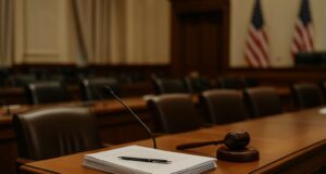 BREAKING: House Passes Stablecoin Bill, Sending Landmark Crypto Legislation to Trump’s Desk A photo-realistic image of a congressional hearing room with a polished wooden desk in the foreground, featuring a stack of legislative documents and a pen. Rows of empty chairs and blurred American flags are visible in the background, symbolizing U.S. legislative action on stablecoin regulation.