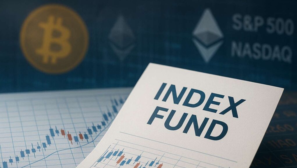 Close-up of an index fund investment document placed over financial charts, with faded Bitcoin and Ethereum symbols in the background alongside S&P 500 and Nasdaq references, illustrating indirect crypto exposure via index funds.