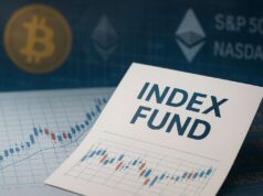 You’re in Crypto. Whether You Like It or Not Close-up of an index fund investment document placed over financial charts, with faded Bitcoin and Ethereum symbols in the background alongside S&P 500 and Nasdaq references, illustrating indirect crypto exposure via index funds.