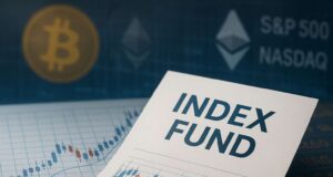 You’re in Crypto. Whether You Like It or Not Close-up of an index fund investment document placed over financial charts, with faded Bitcoin and Ethereum symbols in the background alongside S&P 500 and Nasdaq references, illustrating indirect crypto exposure via index funds.