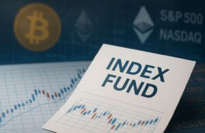 You’re in Crypto. Whether You Like It or Not Close-up of an index fund investment document placed over financial charts, with faded Bitcoin and Ethereum symbols in the background alongside S&P 500 and Nasdaq references, illustrating indirect crypto exposure via index funds.