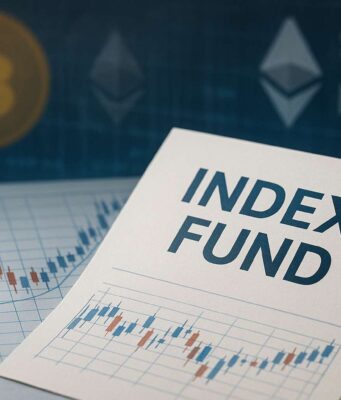 You’re in Crypto. Whether You Like It or Not Close-up of an index fund investment document placed over financial charts, with faded Bitcoin and Ethereum symbols in the background alongside S&P 500 and Nasdaq references, illustrating indirect crypto exposure via index funds.