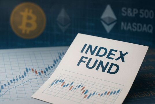 You’re in Crypto. Whether You Like It or Not Close-up of an index fund investment document placed over financial charts, with faded Bitcoin and Ethereum symbols in the background alongside S&P 500 and Nasdaq references, illustrating indirect crypto exposure via index funds.