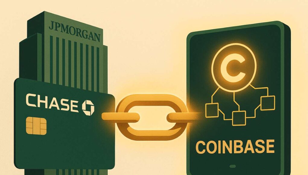 Illustration of JPMorgan Chase bank card linked to a Coinbase crypto wallet via a glowing digital chain, symbolizing the JPMorgan Coinbase partnership and direct bank-to-crypto integration, using green and gold tones.