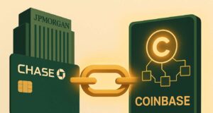 JPMorgan and Coinbase Link Up to Bring Crypto Access to 80M Chase Customers by 2026 Illustration of JPMorgan Chase bank card linked to a Coinbase crypto wallet via a glowing digital chain, symbolizing the JPMorgan Coinbase partnership and direct bank-to-crypto integration, using green and gold tones.