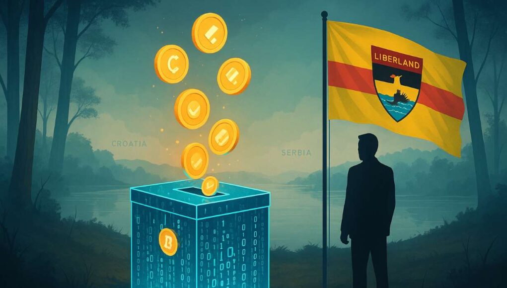 A photo-realistic illustration of Liberland’s July 3 blockchain election, featuring a glowing digital ballot box with cryptocurrency tokens rising from it, a man in silhouette standing beside a waving Liberland flag, and a misty Danube River marking the disputed border between Croatia and Serbia.