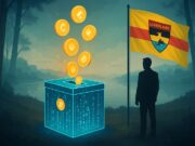 Liberland’s July 3 Blockchain Election: A Digital Democracy in a Micro-nation Struggling for Recognition A photo-realistic illustration of Liberland’s July 3 blockchain election, featuring a glowing digital ballot box with cryptocurrency tokens rising from it, a man in silhouette standing beside a waving Liberland flag, and a misty Danube River marking the disputed border between Croatia and Serbia.