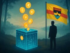 Liberland’s July 3 Blockchain Election: A Digital Democracy in a Micro-nation Struggling for Recognition A photo-realistic illustration of Liberland’s July 3 blockchain election, featuring a glowing digital ballot box with cryptocurrency tokens rising from it, a man in silhouette standing beside a waving Liberland flag, and a misty Danube River marking the disputed border between Croatia and Serbia.