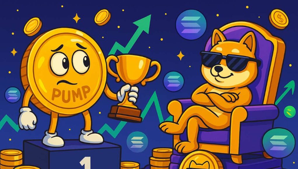 Cartoon-style illustration of the PUMP token character standing on a podium holding a trophy, looking nervously at the confident BONK Shiba Inu lounging on a throne made of Solana coins. The background features floating crypto coins and rising market charts, symbolizing the PUMP token launch success and ongoing meme coin rivalry.
