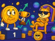 Pump.Fun Nets $500M in 12 Minutes — But BONK and LetsBonkFun Still Lead the Meme Coin Race Cartoon-style illustration of the PUMP token character standing on a podium holding a trophy, looking nervously at the confident BONK Shiba Inu lounging on a throne made of Solana coins. The background features floating crypto coins and rising market charts, symbolizing the PUMP token launch success and ongoing meme coin rivalry.