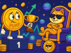 Pump.Fun Nets $500M in 12 Minutes — But BONK and LetsBonkFun Still Lead the Meme Coin Race Cartoon-style illustration of the PUMP token character standing on a podium holding a trophy, looking nervously at the confident BONK Shiba Inu lounging on a throne made of Solana coins. The background features floating crypto coins and rising market charts, symbolizing the PUMP token launch success and ongoing meme coin rivalry.