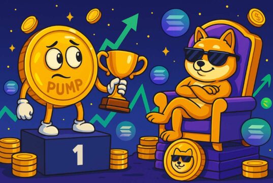 Pump.Fun Nets $500M in 12 Minutes — But BONK and LetsBonkFun Still Lead the Meme Coin Race Cartoon-style illustration of the PUMP token character standing on a podium holding a trophy, looking nervously at the confident BONK Shiba Inu lounging on a throne made of Solana coins. The background features floating crypto coins and rising market charts, symbolizing the PUMP token launch success and ongoing meme coin rivalry.