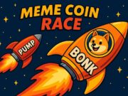 Pump.Fun Prepares for Launch, but BONK and LetsBonkFun Are Already Winning the Meme Race Cartoon-style illustration of two meme coin rockets labeled BONK and PUMP racing through a starry sky, with “MEME COIN RACE” text above. It symbolizes the competitive ICO landscape in the Solana ecosystem.