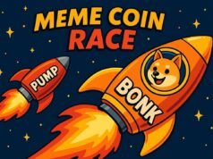 Pump.Fun Prepares for Launch, but BONK and LetsBonkFun Are Already Winning the Meme Race Cartoon-style illustration of two meme coin rockets labeled BONK and PUMP racing through a starry sky, with “MEME COIN RACE” text above. It symbolizes the competitive ICO landscape in the Solana ecosystem.