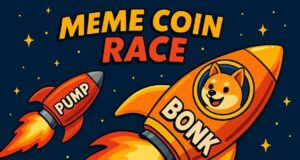 Pump.Fun Prepares for Launch, but BONK and LetsBonkFun Are Already Winning the Meme Race Cartoon-style illustration of two meme coin rockets labeled BONK and PUMP racing through a starry sky, with “MEME COIN RACE” text above. It symbolizes the competitive ICO landscape in the Solana ecosystem.