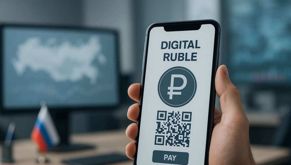 Person holding a smartphone displaying Digital Ruble payment screen with QR code and ₽ symbol, in a modern Russian office with financial charts and a map of Russia in the background.