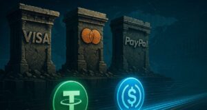Who’s Losing as Stablecoins Surpass $250B? It’s Not Just Visa and Mastercard Illustration of crumbling stone pillars labeled Visa, Mastercard, and PayPal above glowing USDT and USDC symbols traveling along digital rails, representing the rise of stablecoin transaction volume over traditional payment networks.