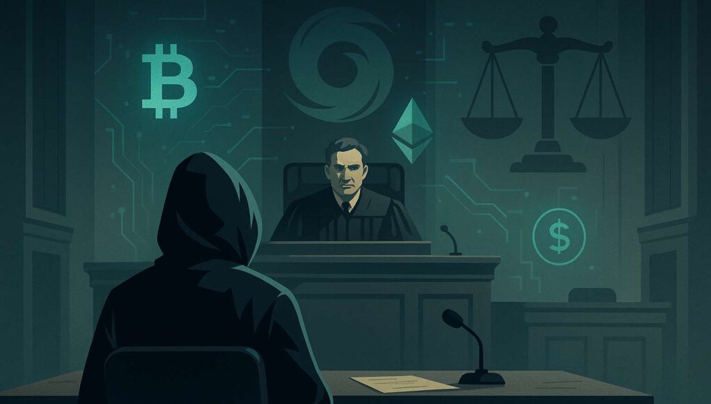 Illustration of Tornado Cash trial depicting a courtroom scene with a hooded figure, cryptocurrency symbols like Bitcoin and Ethereum, and a judge presiding, symbolizing legal scrutiny of crypto privacy tools.