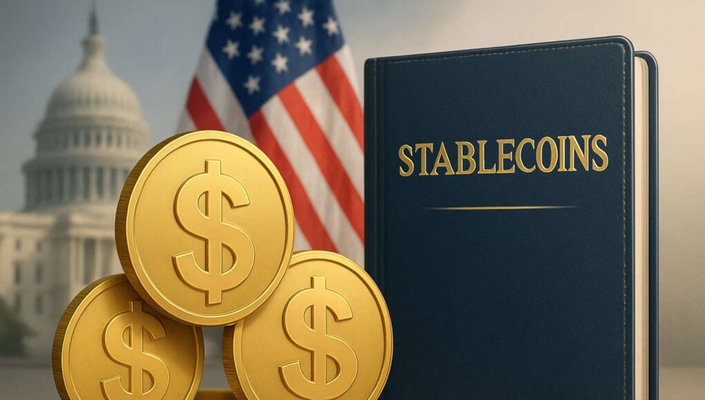 Photo-realistic illustration of golden dollar coins, a legal book titled “Stablecoins,” and the US Capitol building in the background, symbolizing US stablecoin regulation and financial compliance.